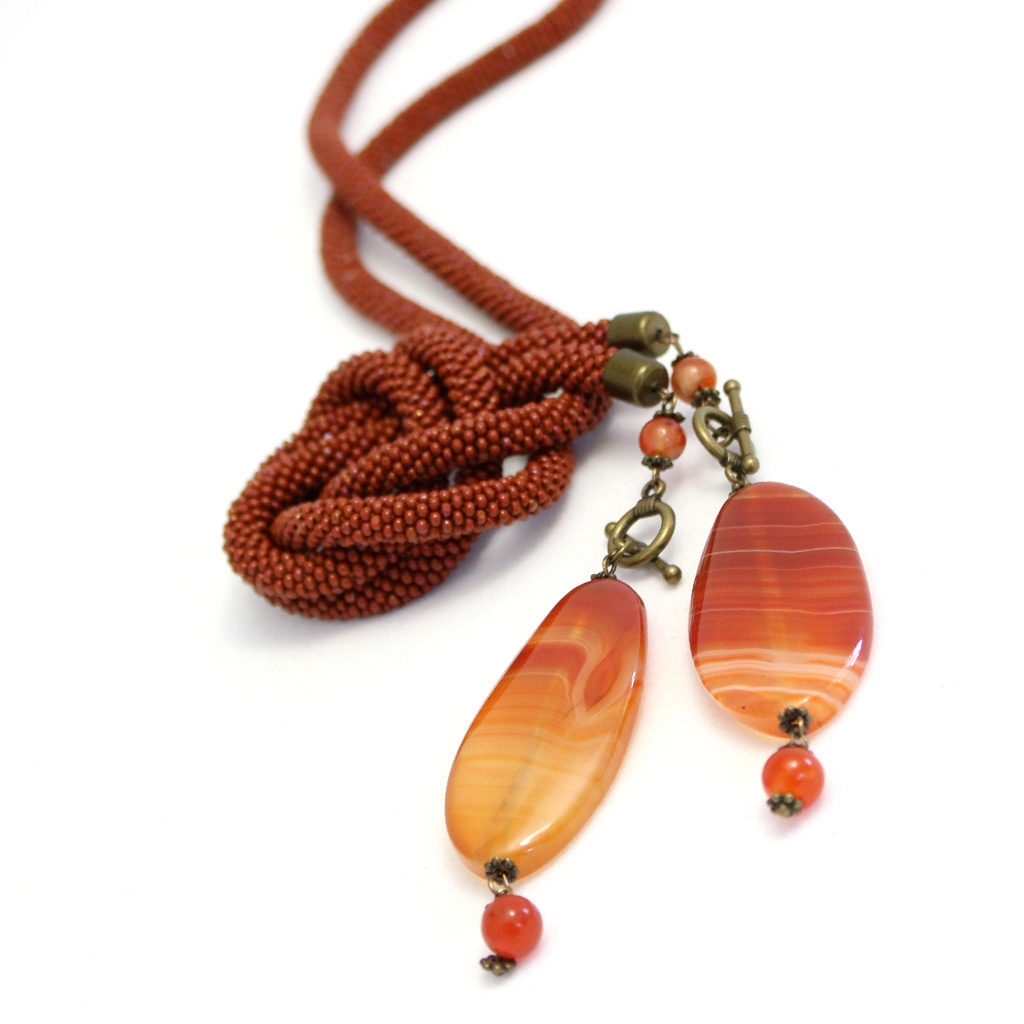 Lariat necklace in bead crochet technique made of seed beads and natural carnelian  beads